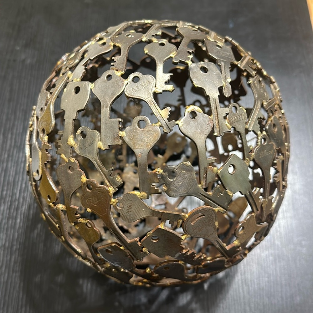 XL Vintage Welded Keys Sphere Ball Metal Sculpture Folk Art (Approx. 9”x28”).